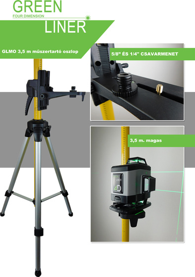 Green Liner 4D zöld szintező lézer kofferben, konzollal, távirányítóval, 3,5 m magas műszertartó oszloppal